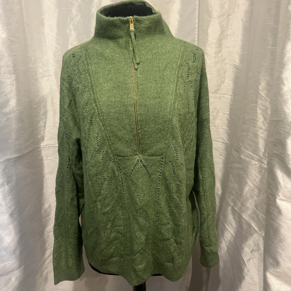 Talbots Womens Cable Knit Zip Collar Sweater Lime Green XL Pullover 1/2 Zip